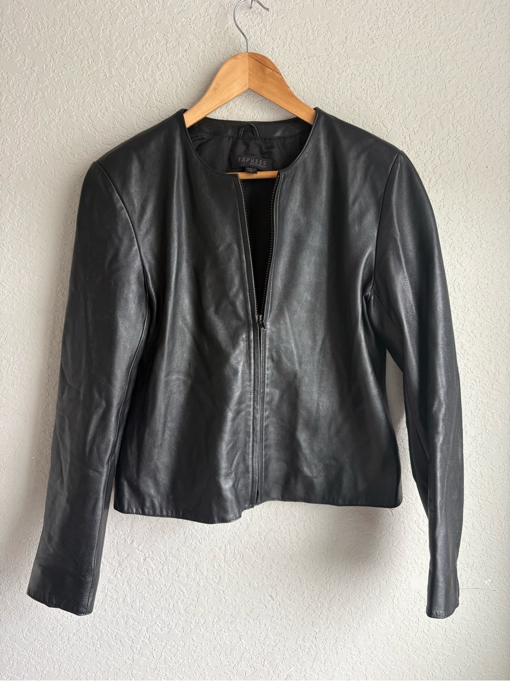 Express Black Leather Zip-Front Collarless Jacket M